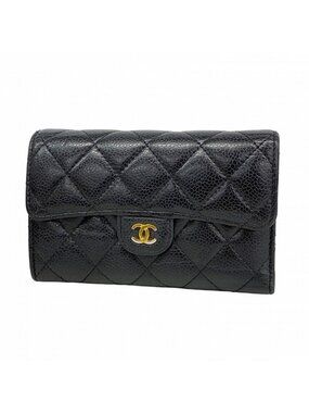 Chanel Trifold Wallet Quilted Caviar Leather Black Gold